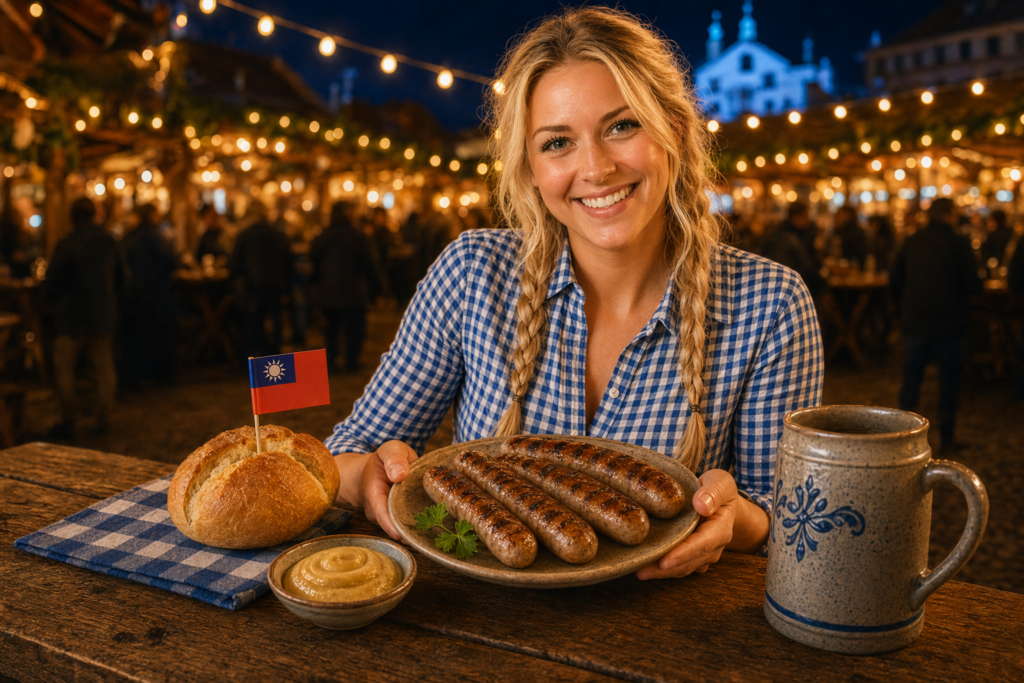 Cheerful blonde German woman in Bavarian checkered shirt holding a plate of German bratwurst sausages with a Taiwan mini flag on the bread roll