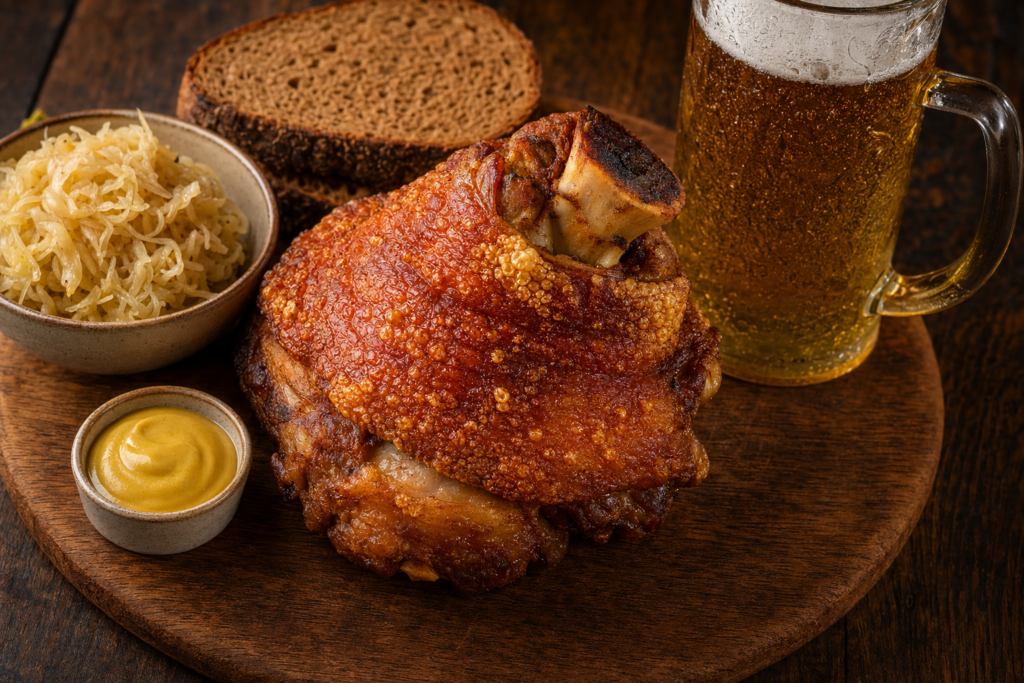 A golden crispy German pork knuckle (Schweinshaxe) on a rustic wooden board with sauerkraut, mustard, rye bread, and beer